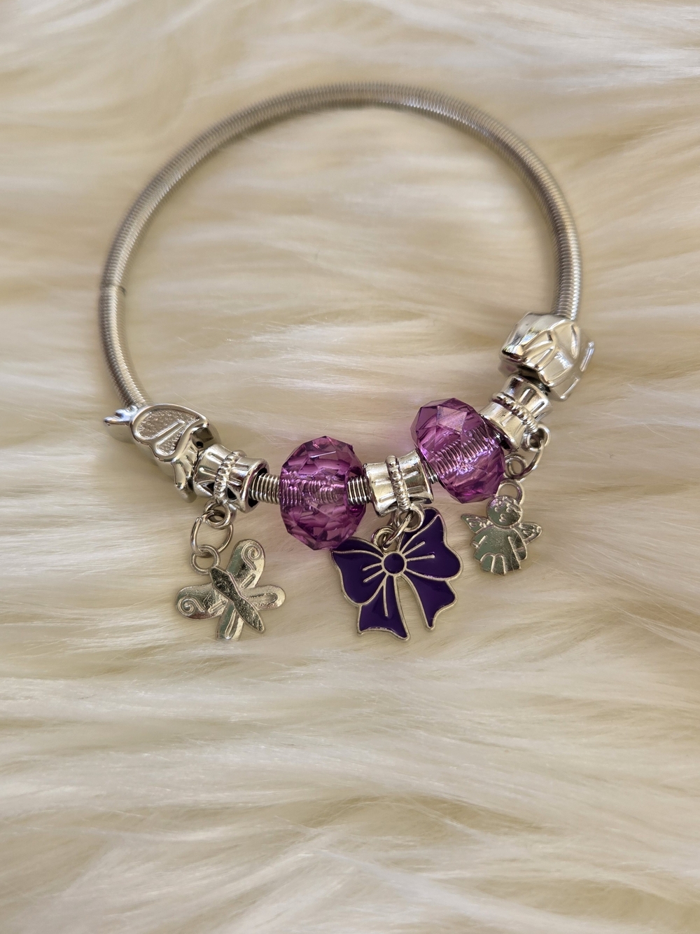 Fashion Jewelry Silver Bracelet with Purple Crystal Beads and Purple Bow Charm